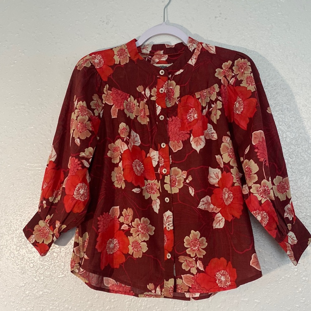 Anthropologie Porridge Puff Sleeve Floral Button Up Peasant Top Sz X-Small Red